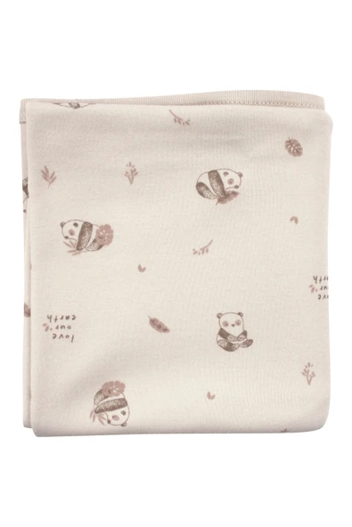 Unisex Bej Panda Desenli Organik Penye Battaniye ürün görseli 1
