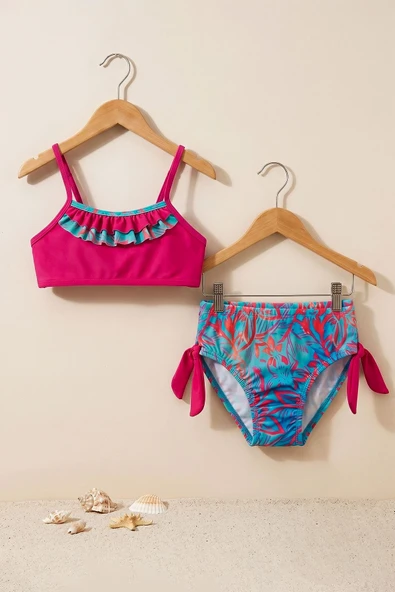 Kız Çocuk Renkli Tropik Desen Bikini Takımı ürün görseli 1