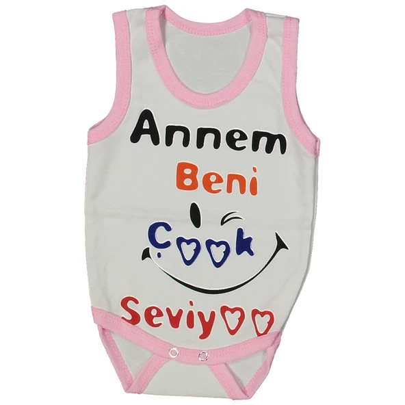 Kız Bebek Beyaz Pembe Biyeli Annem Beni Seviyor Yazılı Askılı Zıbın ürün görseli 1