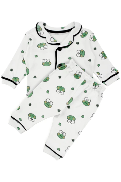 Unisex Ekru Yeşil Kurbağa Desenli Kruvaze Yaka Pijama Takımı ürün görseli 1