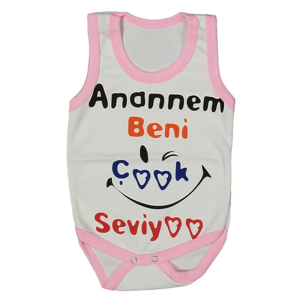 Kız Bebek Beyaz Pembe Biyeli Anaannem Beni Seviyor Yazılı Askılı Zıbın ürün görseli 1