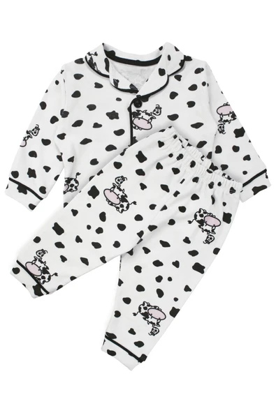 Unisex Ekru Siyah İnek Desenli Kruvaze Yaka Pijama Takımı ürün görseli 1
