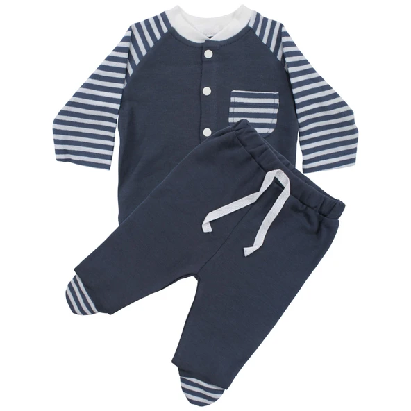 Unisex Lacivert Ekru Çizgili Cepli 2'li Takım ürün görseli 1