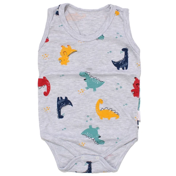 Erkek Bebek Gri Renkli Dino Baskılı Askılı Zıbın ürün görseli 1