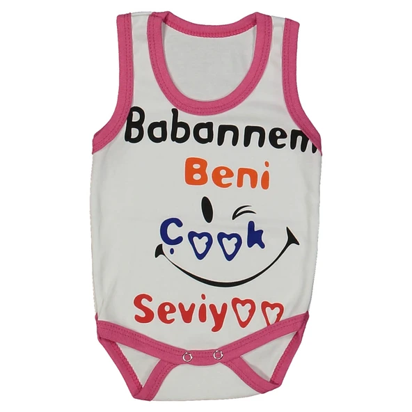 Kız Bebek Beyaz Fuşya Biyeli Babaannem Beni Seviyor Yazılı Askılı Zıbın ürün görseli 1