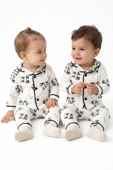 Unisex Ekru Siyah Panda Desenli Kruvaze Yaka Pijama Takımı ürün görseli 1