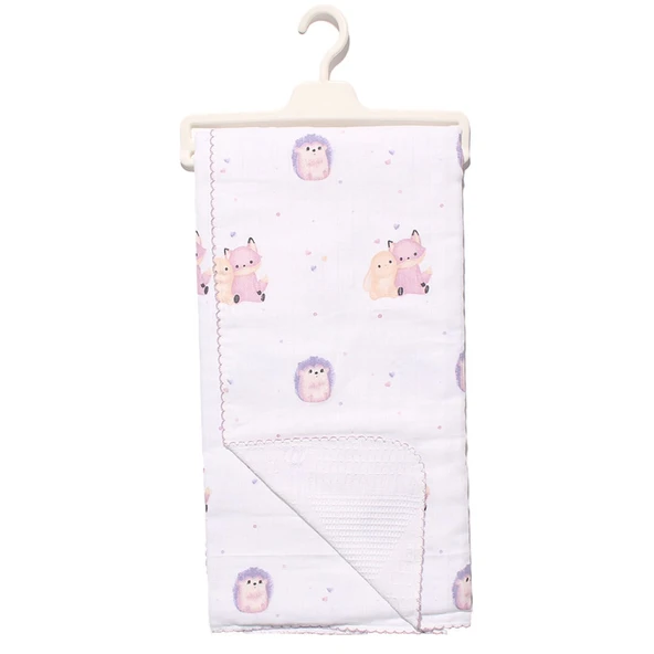 Unisex Ekru Pembe Mor Biyeli Kirpili Tilkili Desenli Pikeli Müslin Battaniye 80x90 ürün görseli 1