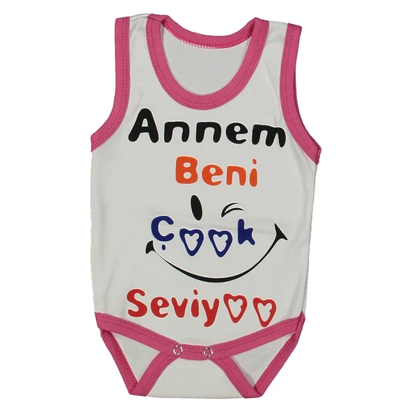 Kız Bebek Beyaz Fuşya Biyeli Annem Beni Seviyor Yazılı Askılı Zıbın ürün görseli 1