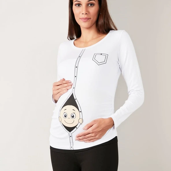 Beyaz Bebek Baskılı Hamile Body - Resim 4