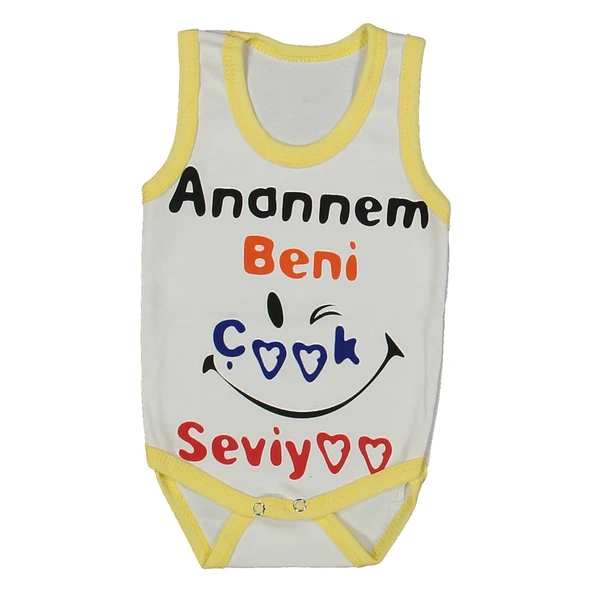 Unısex Beyaz Sarı Biyeli Anaannem Beni Seviyor Yazılı Askılı Zıbın ürün görseli 1