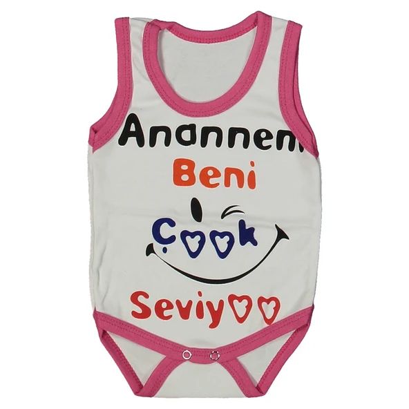 Kız Bebek Beyaz Fuşya Biyeli Anaannem Beni Seviyor Yazılı Askılı Zıbın ürün görseli 1