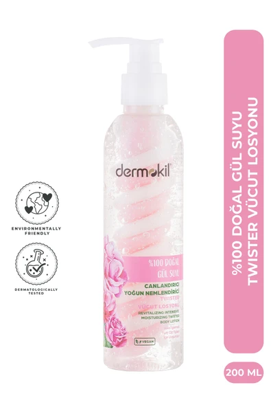 DERMOKİL %100 Doğal Gül Suyu Canlandırıcı Yoğun Nemlendirici Twister Vücut Losyonu 200 ml ürün görseli 1