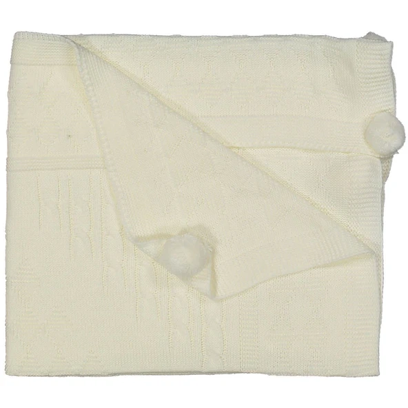 Unisex Bebek Krem Örgü Desenli Ponponlu Triko Battaniye 80x90 ürün görseli 1