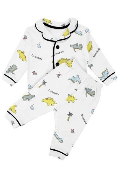 Unisex Ekru Renkli Dinazor Desenli Kruvaze Yaka Pijama Takımı ürün görseli 1