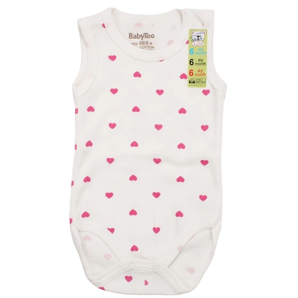 Kız Bebek Ekru Pembe Kalp Baskılı Askılı Çıtçıtlı Body Zıbın ürün görseli 1