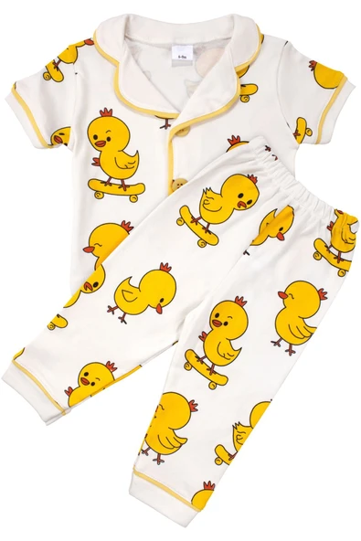 Unisex Beyaz Sarı Civciv Baskılı Kısa Kollu Pijama Takımı ürün görseli 1