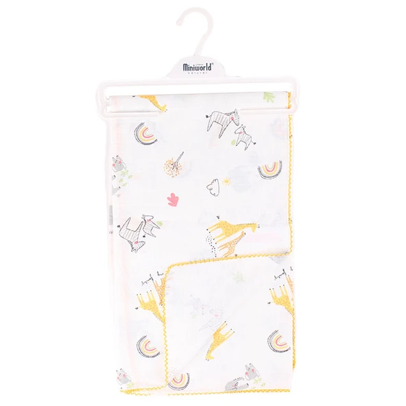 Unisex Bebek Ekru Sarı Yeşil Biyeli Hayvanlı Desenli Müslin Battaniye 80x90 ürün görseli 1