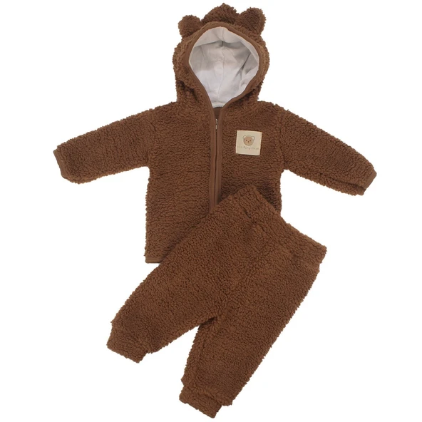 Unisex Kahve Peluş Kulaklı Kapşonlu Hırkalı 2'li Takım ürün görseli 1