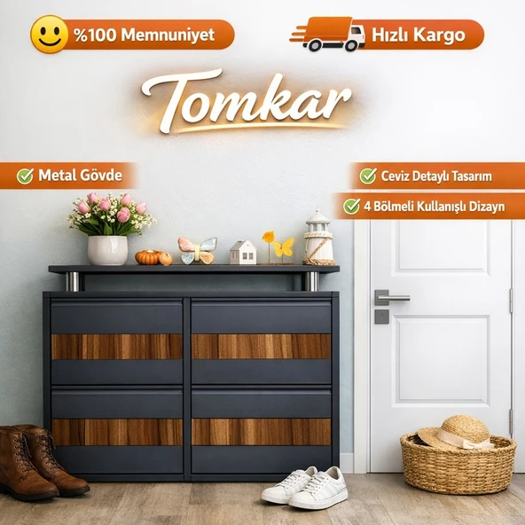 Tomkar 2+2 Antrasit Metal Ayakkabılık Ahşap Ceviz Kaplamalı ( Kilitsiz ) ürün görseli 1