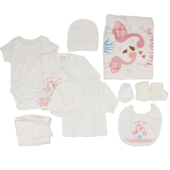 Kız Bebek Ekru Pembe Flamingo Desenli 10 Parça Hastane Çıkışı ürün görseli 1