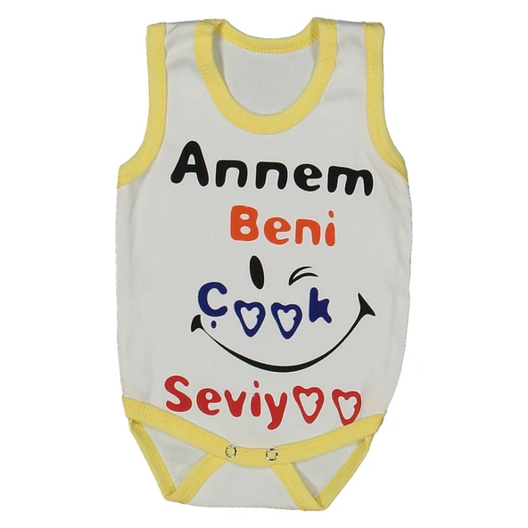 Unısex Beyaz Sarı Biyeli Annem Beni Seviyor Yazılı Askılı Zıbın ürün görseli 1