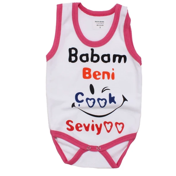 Kız Bebek Beyaz Fuşya Biyeli Babam Beni Seviyor Yazılı Askılı Zıbın ürün görseli 1