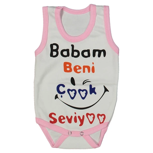 Kız Bebek Beyaz Pembe Biyeli Babam Beni Seviyor Yazılı Askılı Zıbın ürün görseli 1