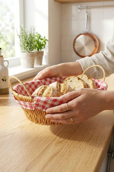 Atbyhome Oval Rustik Hasır Örgü Ekmeklik Ekmek Sepeti Bezli Kulplu Mutfak Düzenleyici ürün görseli 1