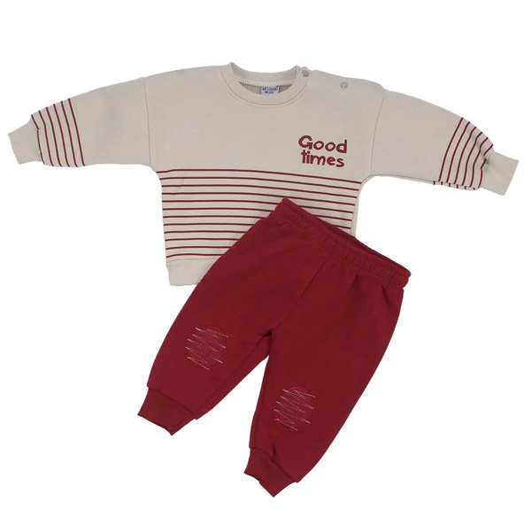 Erkek Bebek Bej Bordo Good Times Çizgili Üç İp 2'li Takım ürün görseli 1