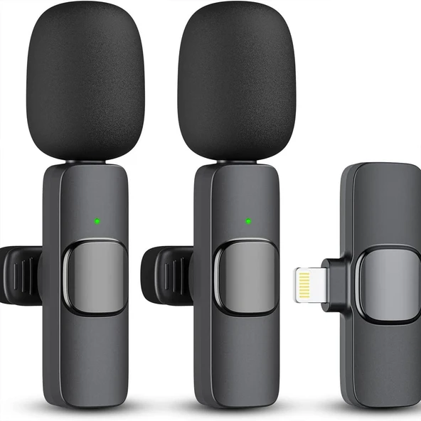 iPhone Uyumlu Lightning Girişli Kablosuz Yaka Mikrofonu Çift Mikrofonlu Wireless Mikrofon Seti ürün görseli 1