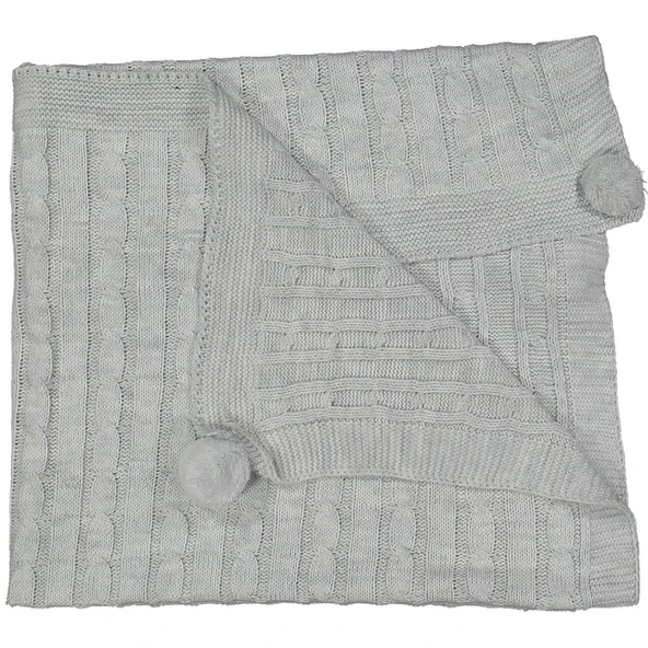 Unisex Bebek Gri Aralıklı Örgülü Desenli Ponponlu Triko Battaniye 80x90 ürün görseli 1