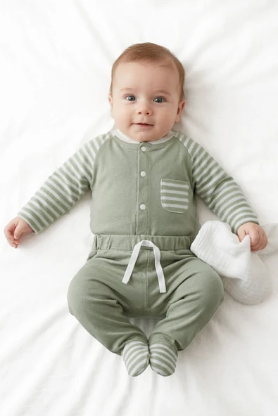 Unisex Yeşil Ekru Çizgili Cepli 2'li Takım ürün görseli 1
