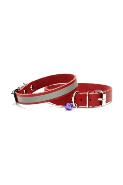 Cattie Gerçek Deriden El Yapımı Reflektörlü Kedi Boyun Tasması 1x18-22cm - Red ürün görseli 1