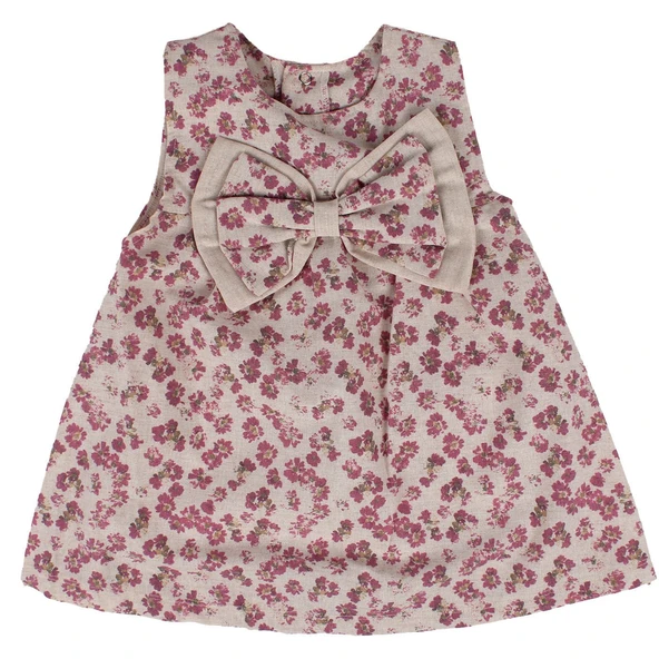 Kız Bebek Bej Mor Çiçek Desenli Büyük Fiyonklu Elbise ürün görseli 1