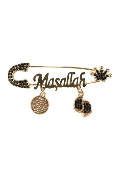 Unisex Siyah Taşlı Gold Maşallah Yazılı Bebek Yaka İğnesi ürün görseli 1
