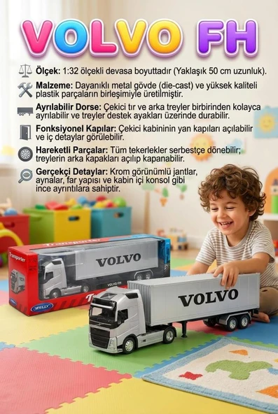 Welly 1:32 Ölçekli Lisanslı Orjinal Volvo FH Dorseli Koleksiyonluk Model Oyuncak Tır ürün görseli 1