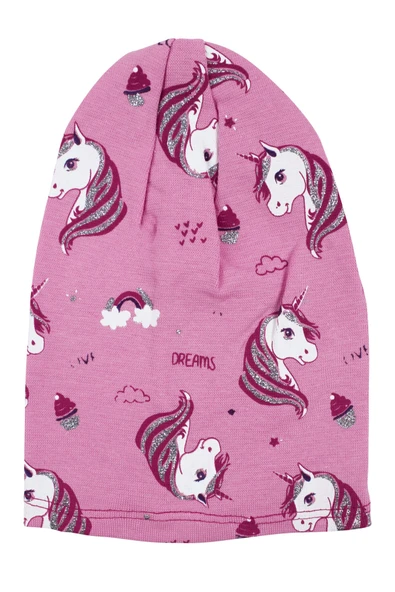 Kız Bebek Pembe Gri Simli Pembe Unicorn Desenli Bere 0-6 Ay ürün görseli 1