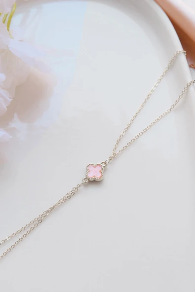 Silver Pembe Doğal Taşlı Yonca Şahmeran - Resim 2