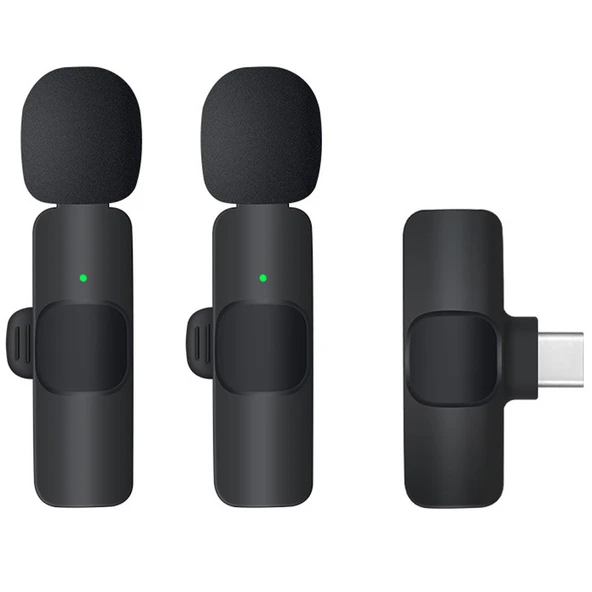 Type-C Girişli Çift Kablosuz Yaka Mikrofonu iOS Android Uyum Wireless Mikrofon Seti Yayın Vlog Kayıt ürün görseli 1