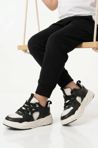 Cool Siyah Beyaz Fileli Hafif Esnek Unisex Çocuk Spor Ayakkabı Jacop F ürün görseli 1