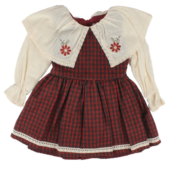 Kız Çocuk Ekru Kırmızı Ekose Desenli Yakalı Fistolu Çicek Nakışlı Elbise ürün görseli 1