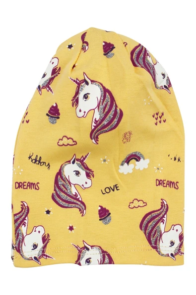 Kız Bebek Sarı Gri Simli Pembe Unicorn Desenli Bere 0-6 Ay ürün görseli 1