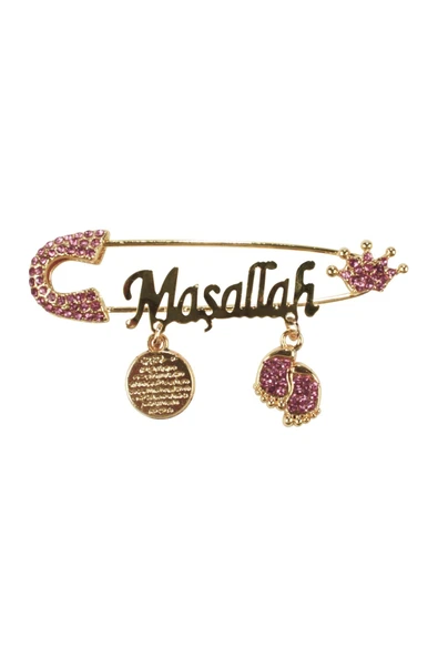 Unisex Pembe Taşlı Gold Maşallah Yazılı Bebek Yaka İğnesi ürün görseli 1