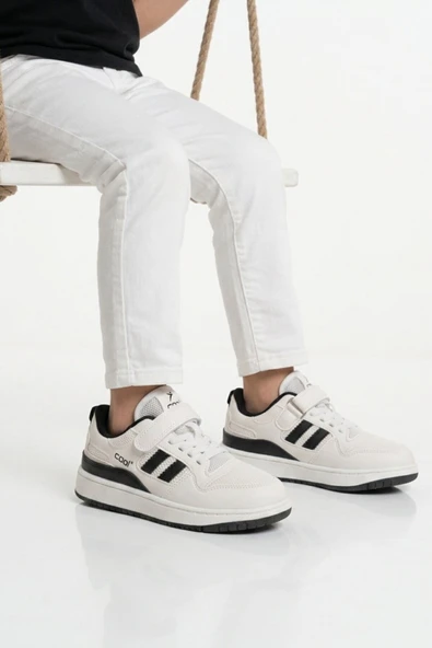 Cool Beyaz Siyah Fileli Hafif Cırtlı Unisex Çocuk Spor Ayakkabı Stella F ürün görseli 1
