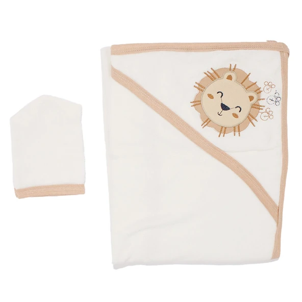 Unisex Ekru Kahve Biyeli Aslan Nakışlı Havlu Lif Set ürün görseli 1