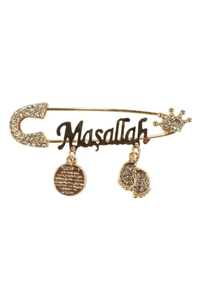Unisex Beyaz Taşlı Gold Maşallah Yazılı Bebek Yaka İğnesi ürün görseli 1