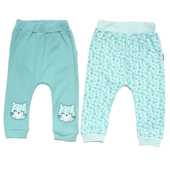 Kız Bebek Yeşil Kedi Baskılı Leopar Desenli 2'li Tek Alt Set ürün görseli 1