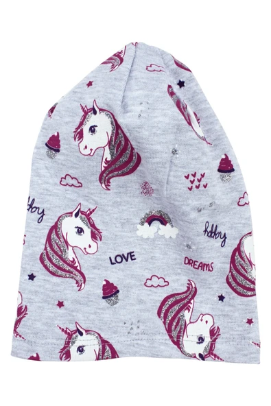 Kız Bebek Gri Simli Pembe Unicorn Desenli Bere 0-6 Ay ürün görseli 1