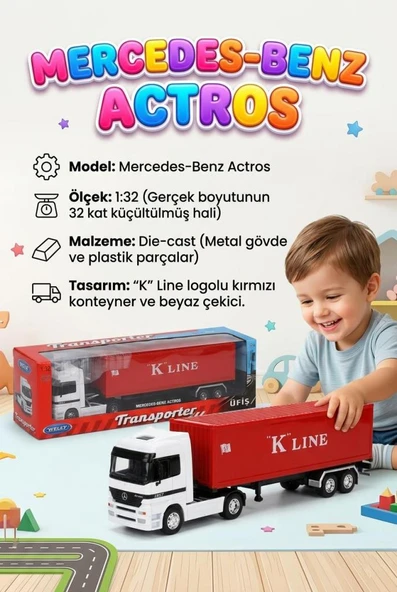 Welly 1:32 Ölçekli Lisanslı Orjinal Mercedes-Benz Actros Dorseli Koleksiyonluk Model Oyuncak Tır ürün görseli 1