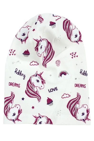 Kız Bebek Ekru  Gri Simli Pembe Unicorn Desenli Bere 0-6 Ay ürün görseli 1